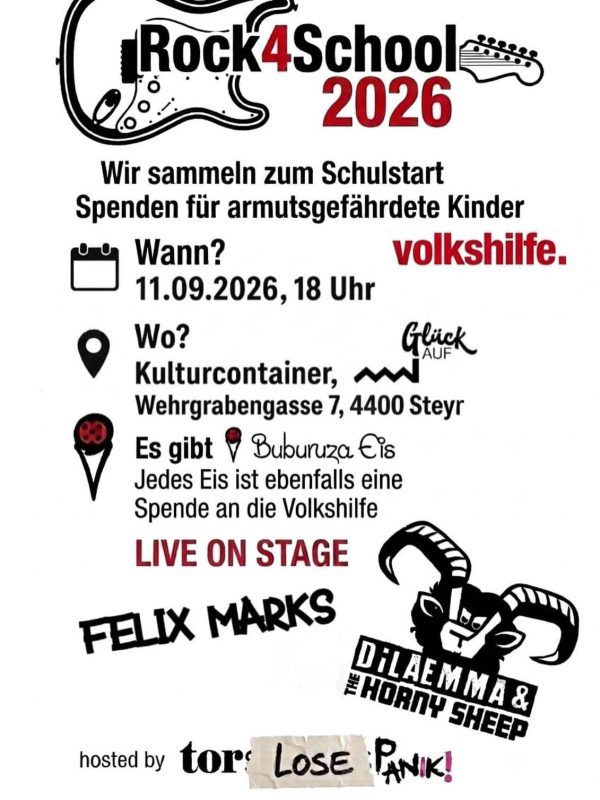 Event Plakat für Rock4School am 11. September 2026 im Kulturcontainer Steyr.
